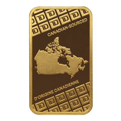A picture of a 1 oz TD Canadian-Sourced Fine Gold Bar